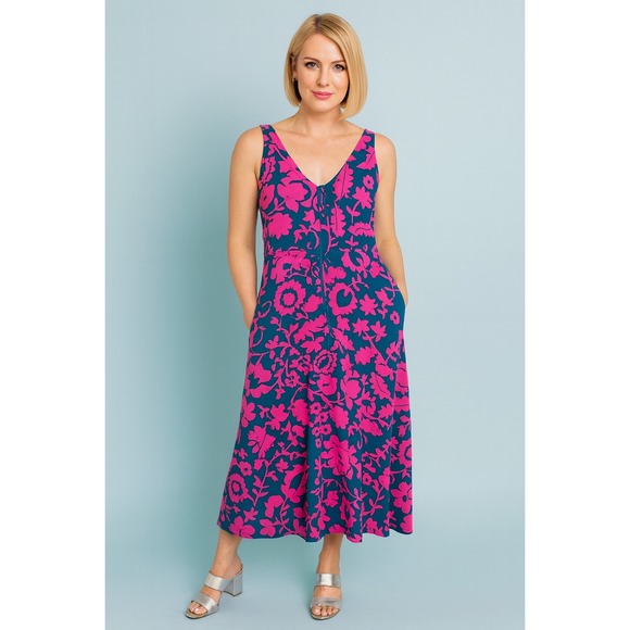 Boden Dresses & Skirts - Boden Floral Midi Dress Sleeveless‎ V Neck Pink Teal Women's US 12